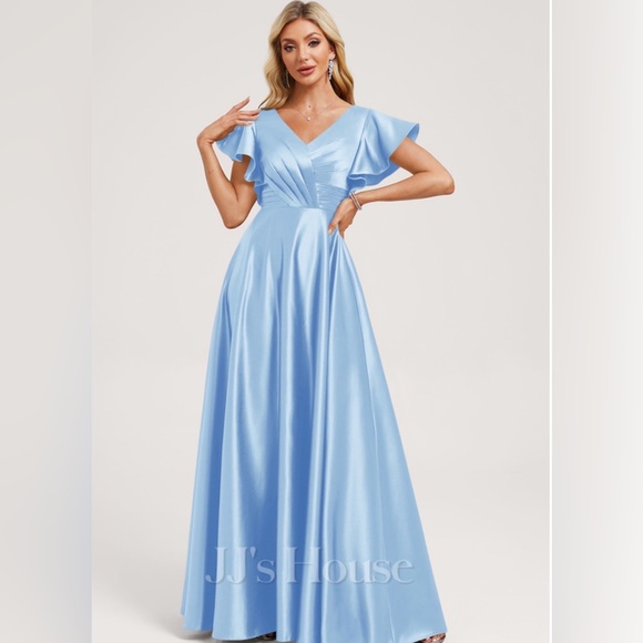 JJs House Dresses & Skirts - JJs House Satin Light Blue V-Neck Flutter Sleeve A-Line Gown